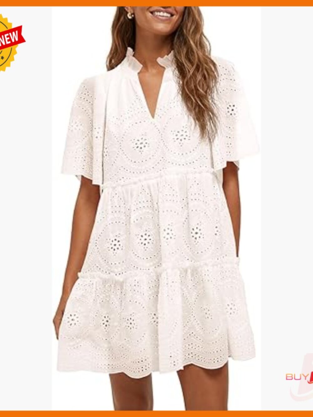 Summer Eyelet Babydoll Dress Lace V-Neck Mini Tunic Casual Beach